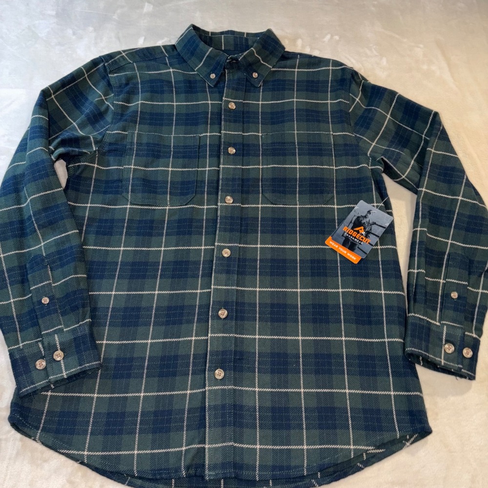 Ridgecut Toughwear Mens Heavy Flannel Shirt Green Navy Plaid Workwear L NWT